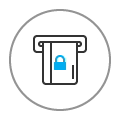 Icon of a bank card with overlay of a padlock symbol in an ATM.