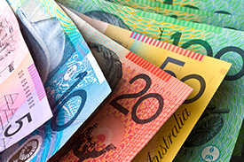 Australian money, $5. $10, $20, $50 and $100 notes.