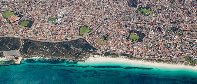 Ariel shot of beach and city