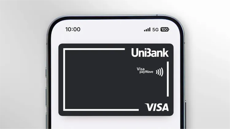 A smartphone screen displays a digital UniBank Visa card interface.