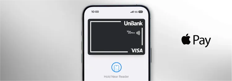 A smartphone screen displays a digital UniBank Visa card ready for contactless payment.