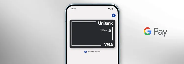 A smartphone screen displays a digital UniBank Visa card ready for contactless payment.